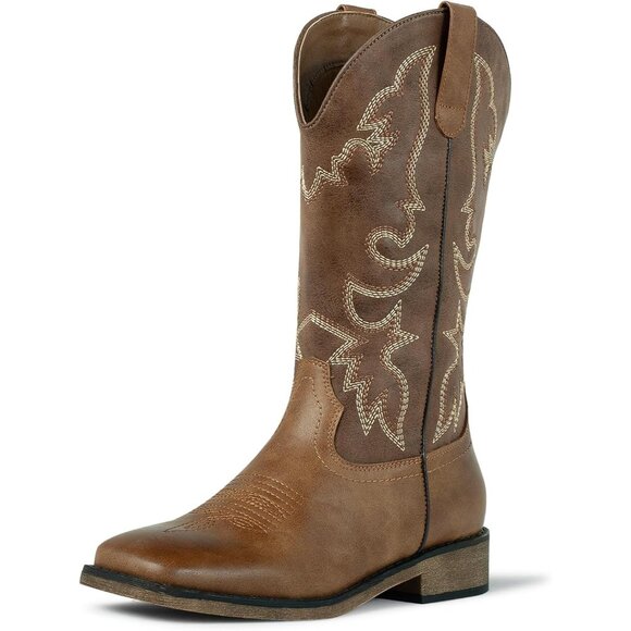 ⚡Women's Brown Square Toe Mid Calf Ladies Fashion Embroidered Western Boots - Picture 1 of 6